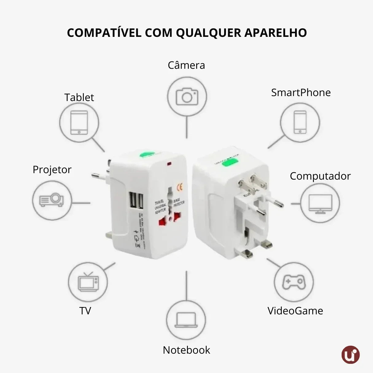 Adaptador Internacional Universal com Proteção Contra Surto, Bivolt e LED - uniescolhas