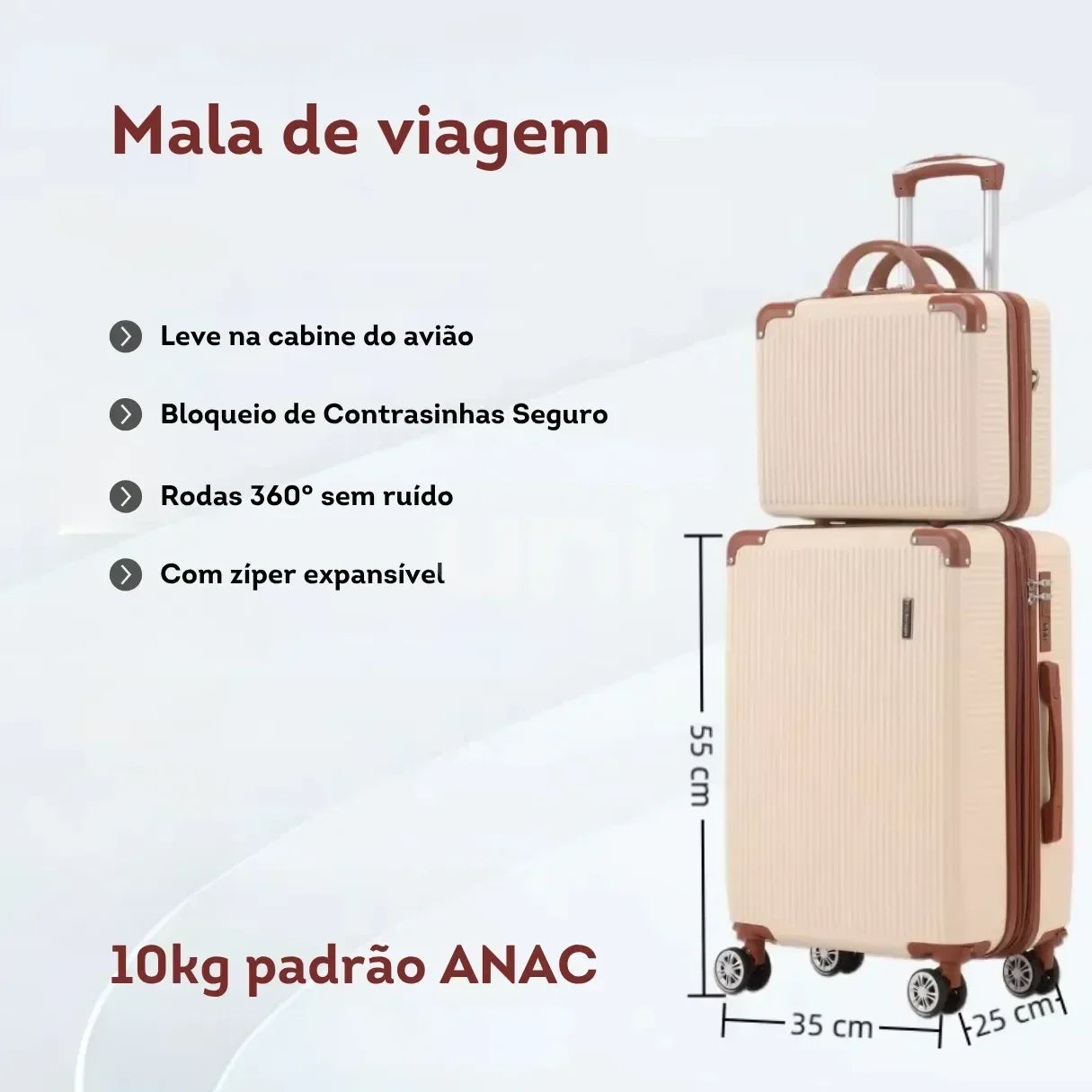 Kit Bordo 2 em 1 Mala de Viagem 10KG Roda Gira 360 Grau Fibra + Frasqueira - uniescolhas