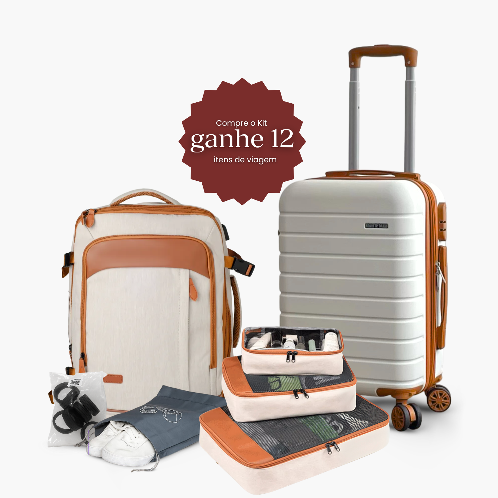 Kit Viagem Bege Completo NovaTech™ (Mala 8 a 15 kg + Mochila + 4 Organizadores + Protetores)