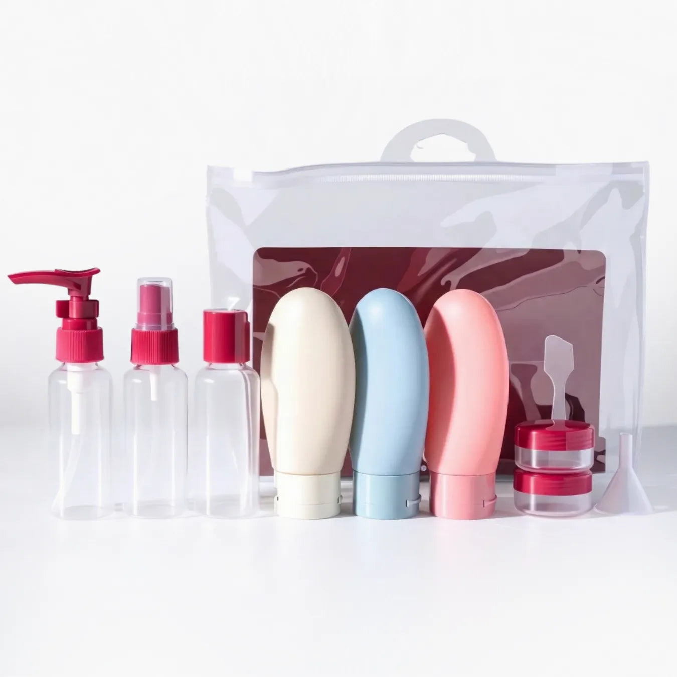 Kit Viagem 5 a 8 Peças Frascos Silicone Antivazamento + Necessaire