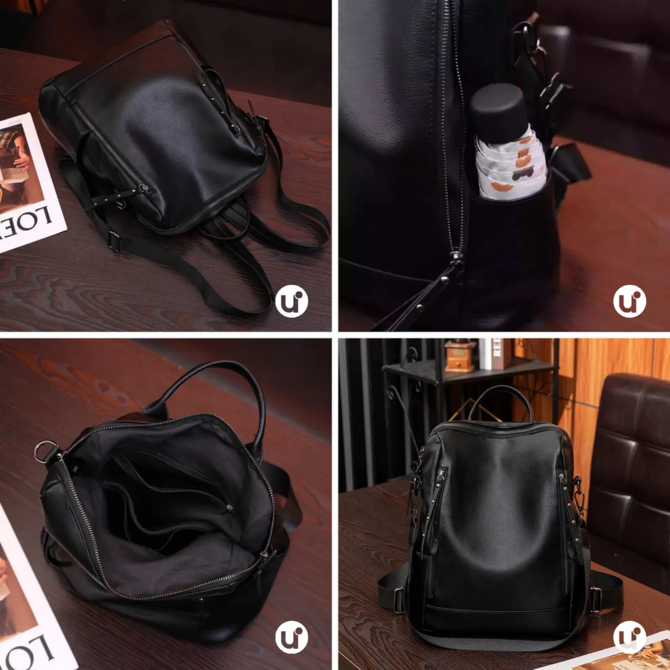 Mochila Feminina Antifurto Impermeável em Couro 3 em 1 - Shiny Diary