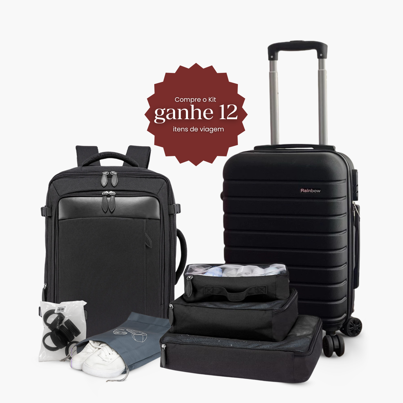 Kit Viagem Preto Completo NovaTech™ (Mala 8 a 15 kg + Mochila + 4 Organizadores + Protetores)