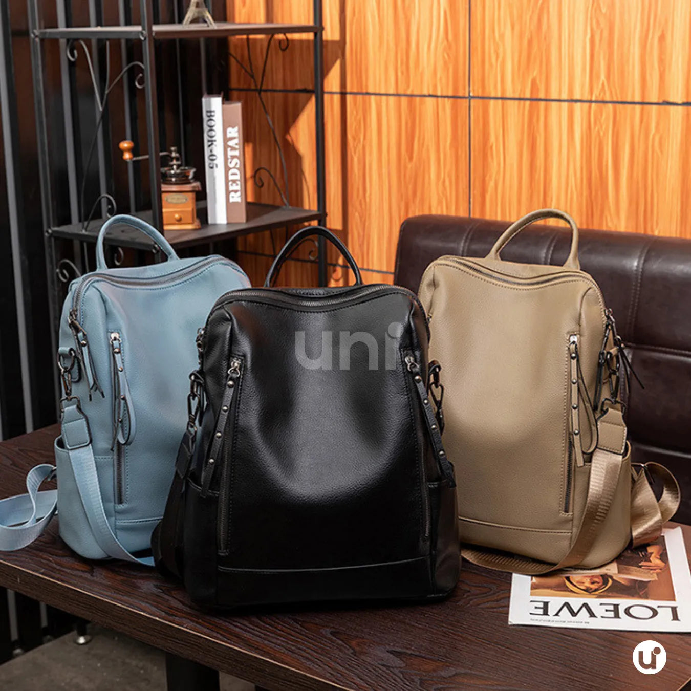 Mochila Feminina Antifurto Impermeável em Couro 3 em 1 - Shiny Diary