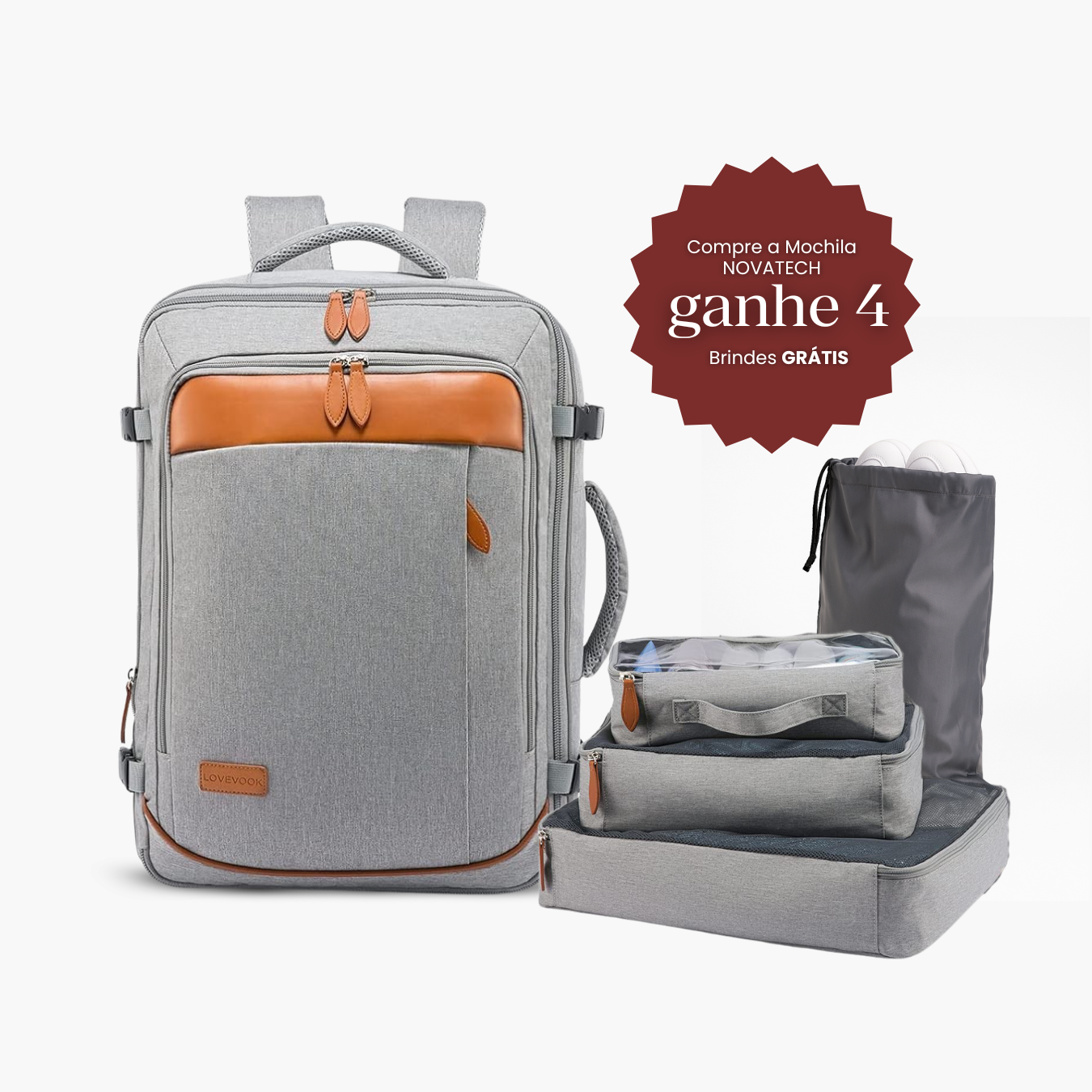 Mochila Cinza 40L 4 em 1 + 3 Necessaires GRÁTIS! NovaTech™