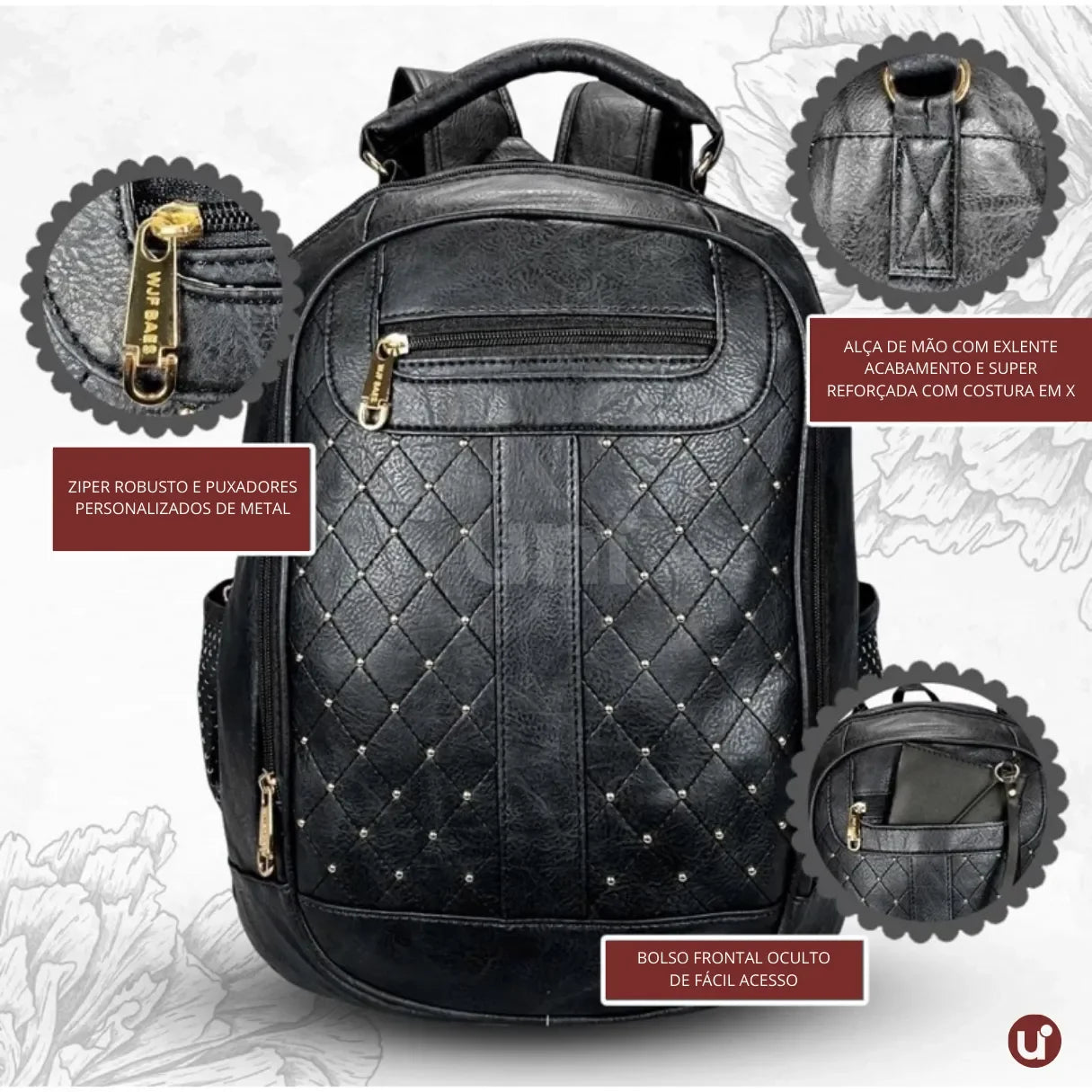 Mochila Feminina Couro Sintético Antifurto 15" Impermeável 20L – Trabalho & Faculdade - uniescolhas