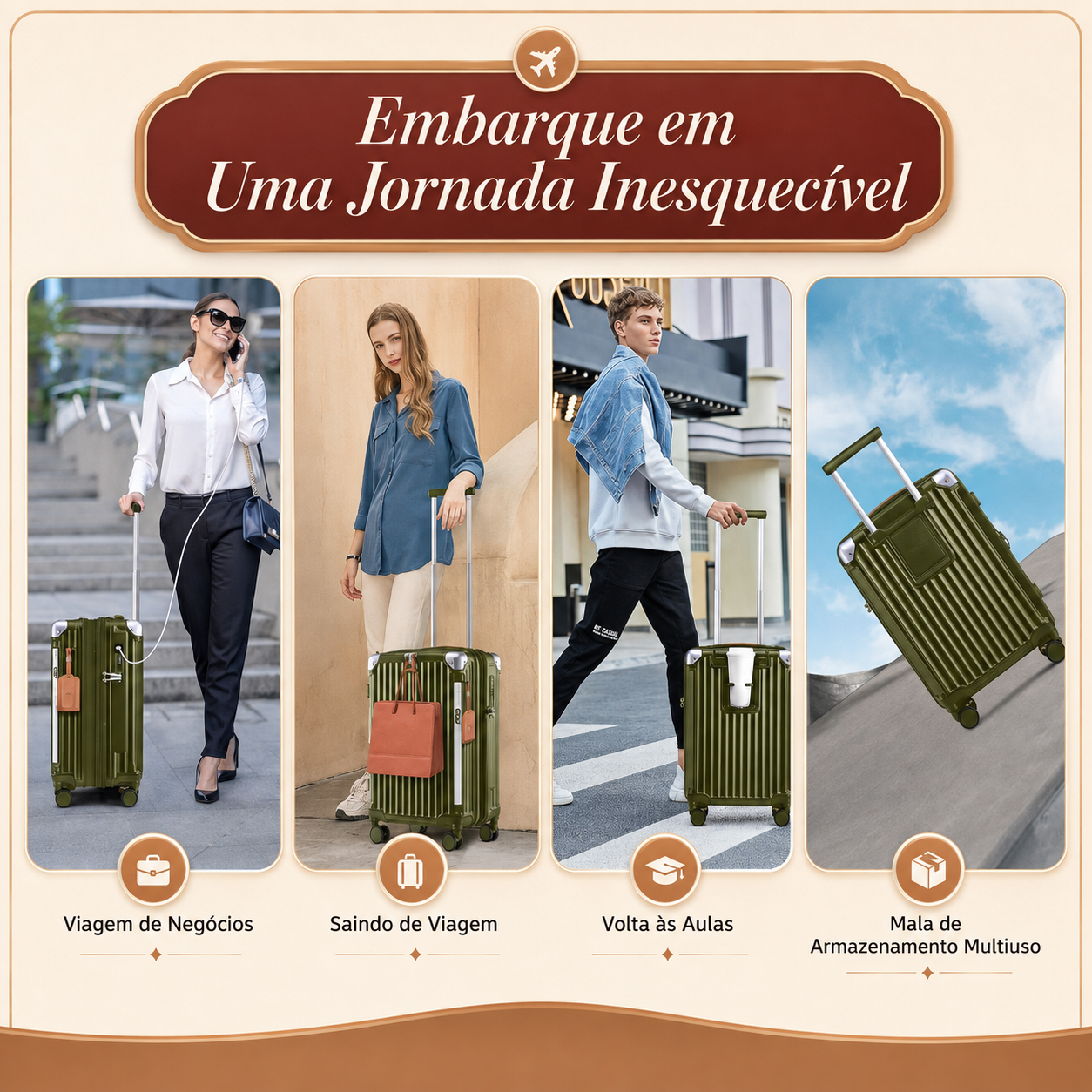 Kit Mala de Viagem Verde Oliva 20"/24" + Bolsa e Necessaire