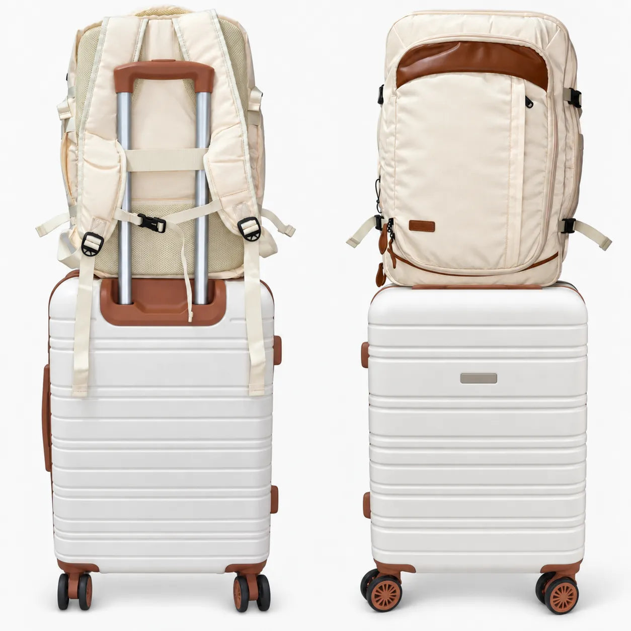 Kit de viagem NovaTech 2.0 creme: mochila antifurto com porta-notebook e USB + mala de bordo combinando — Uni Escolhas