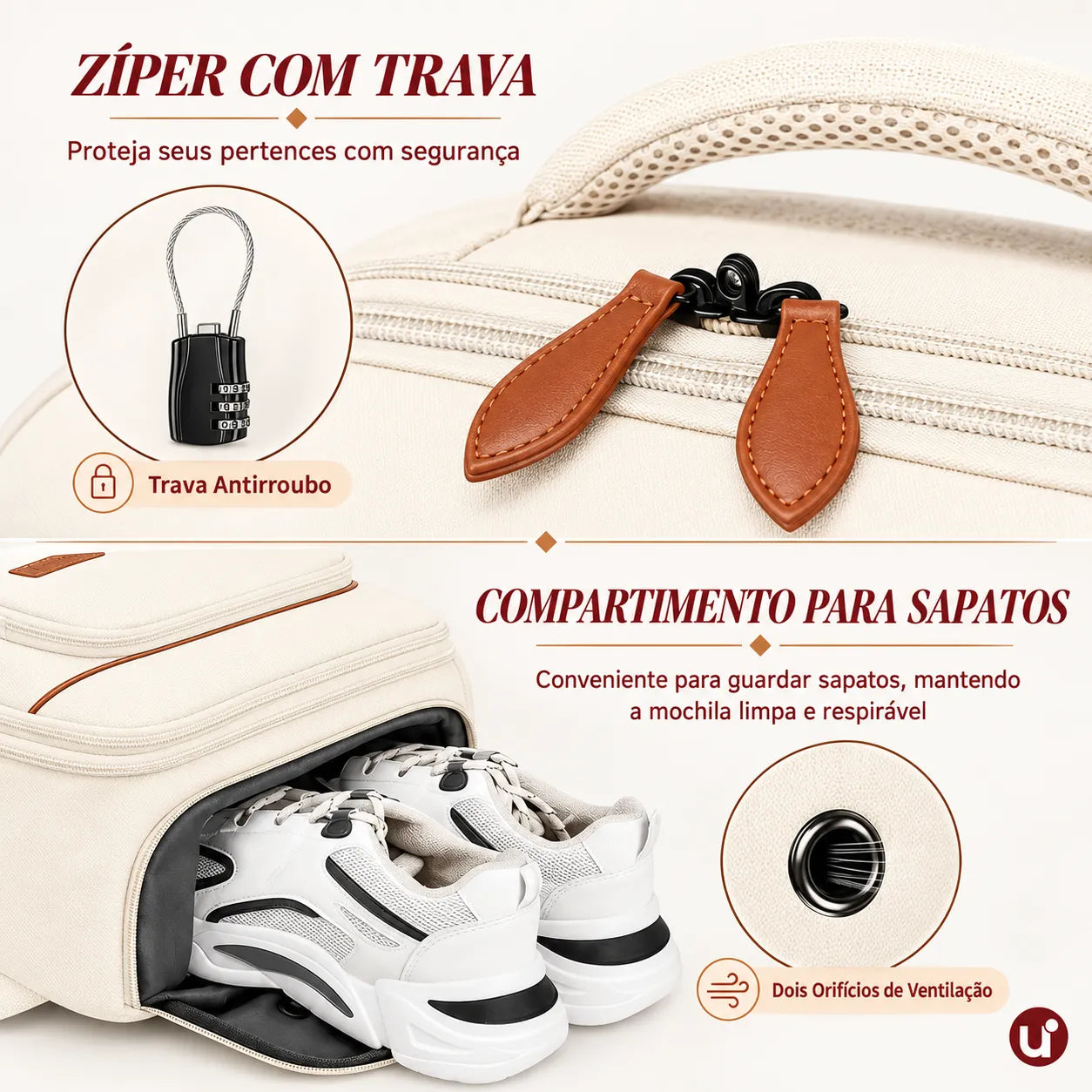 Mochila de Viagem NovaTech 2.0 Creme — 40L Expansível, USB, Antifurto e Notebook 17,3"