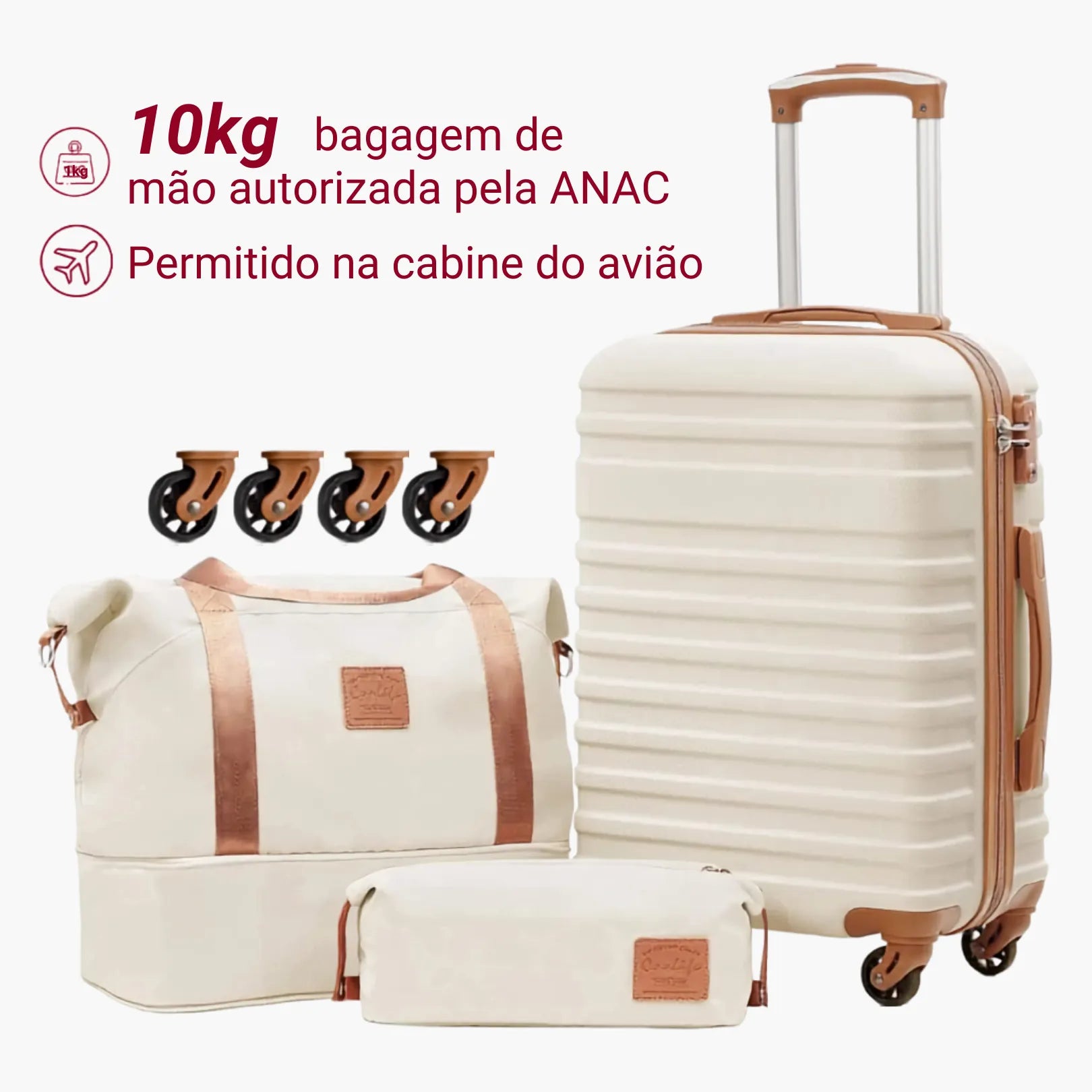Kit Mala de Bordo 10kg Rodas Removíveis ANAC + Bolsa e Nécessaire