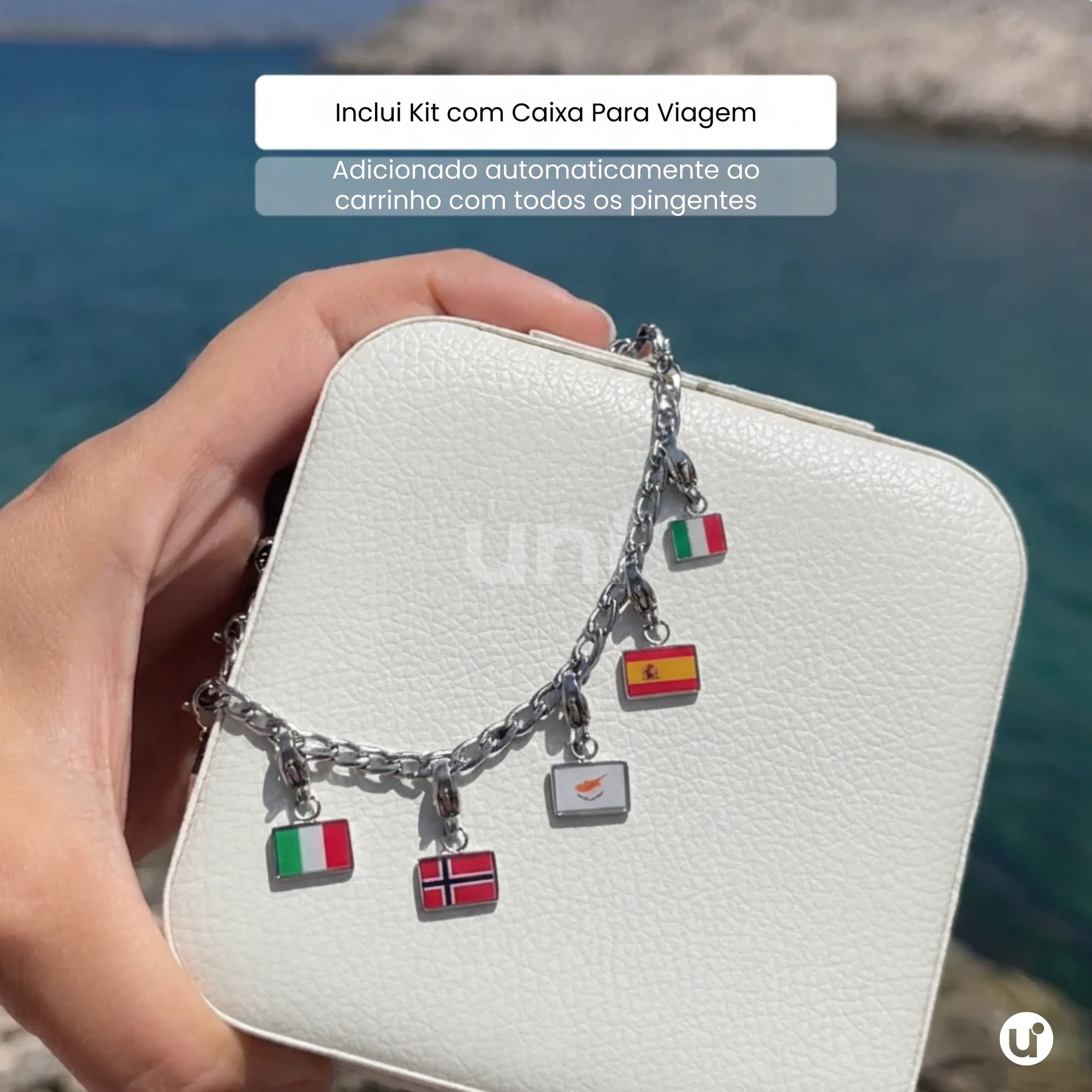 Pulseira de Berloques Viagem Bandeiras e Mapas