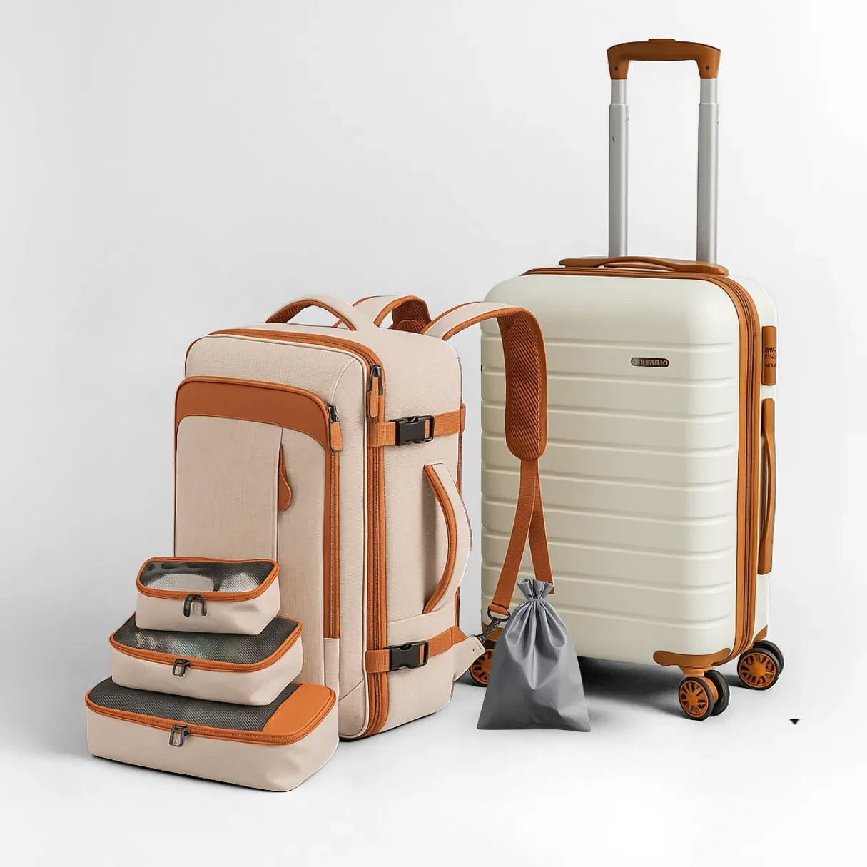 Kit Viagem Completa — Mochila NovaTech™+ Mala de Bordo 10kg + 4 Necessaires GRÁTIS
