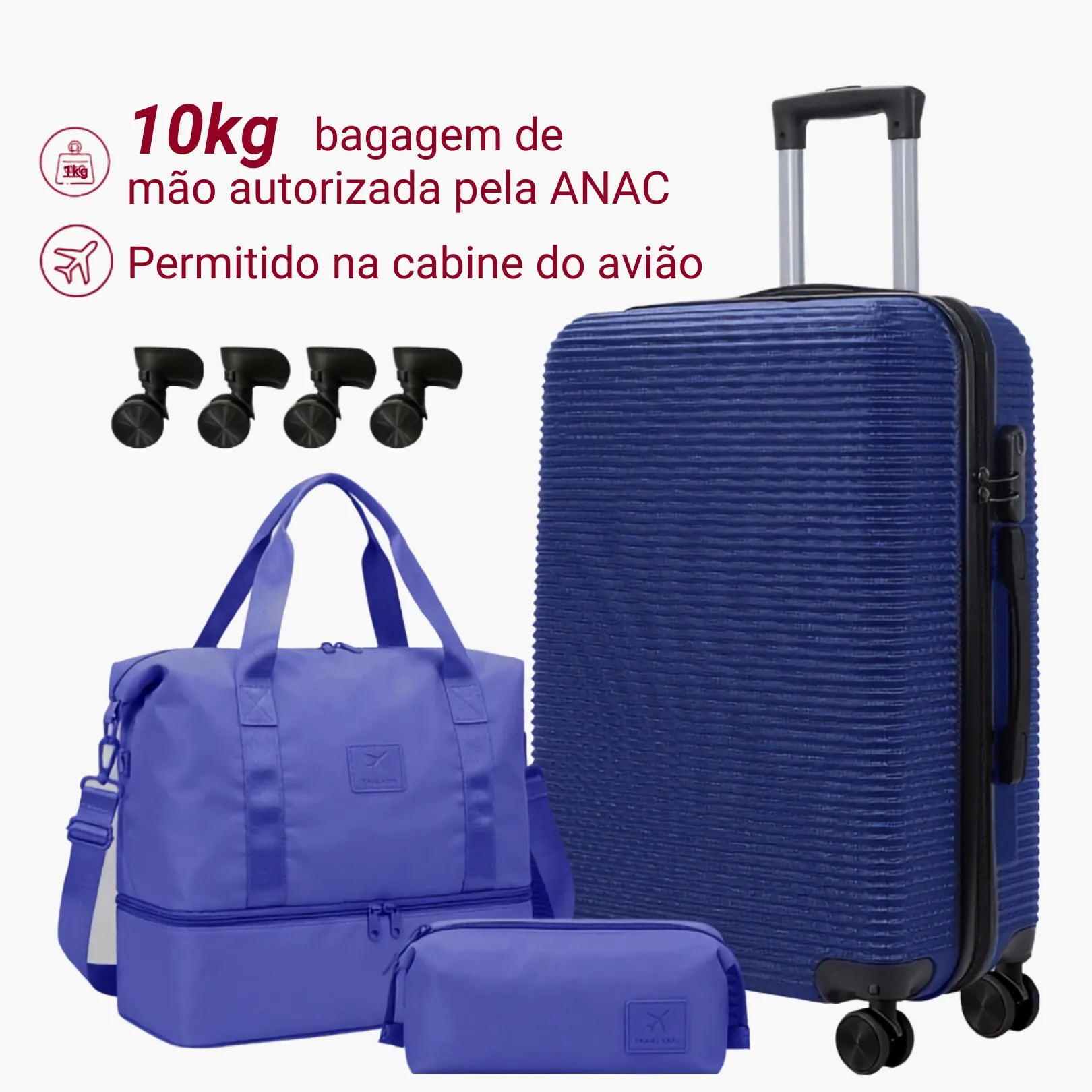 Kit Mala de Bordo 10kg Rodas Removíveis ANAC + Bolsa e Nécessaire