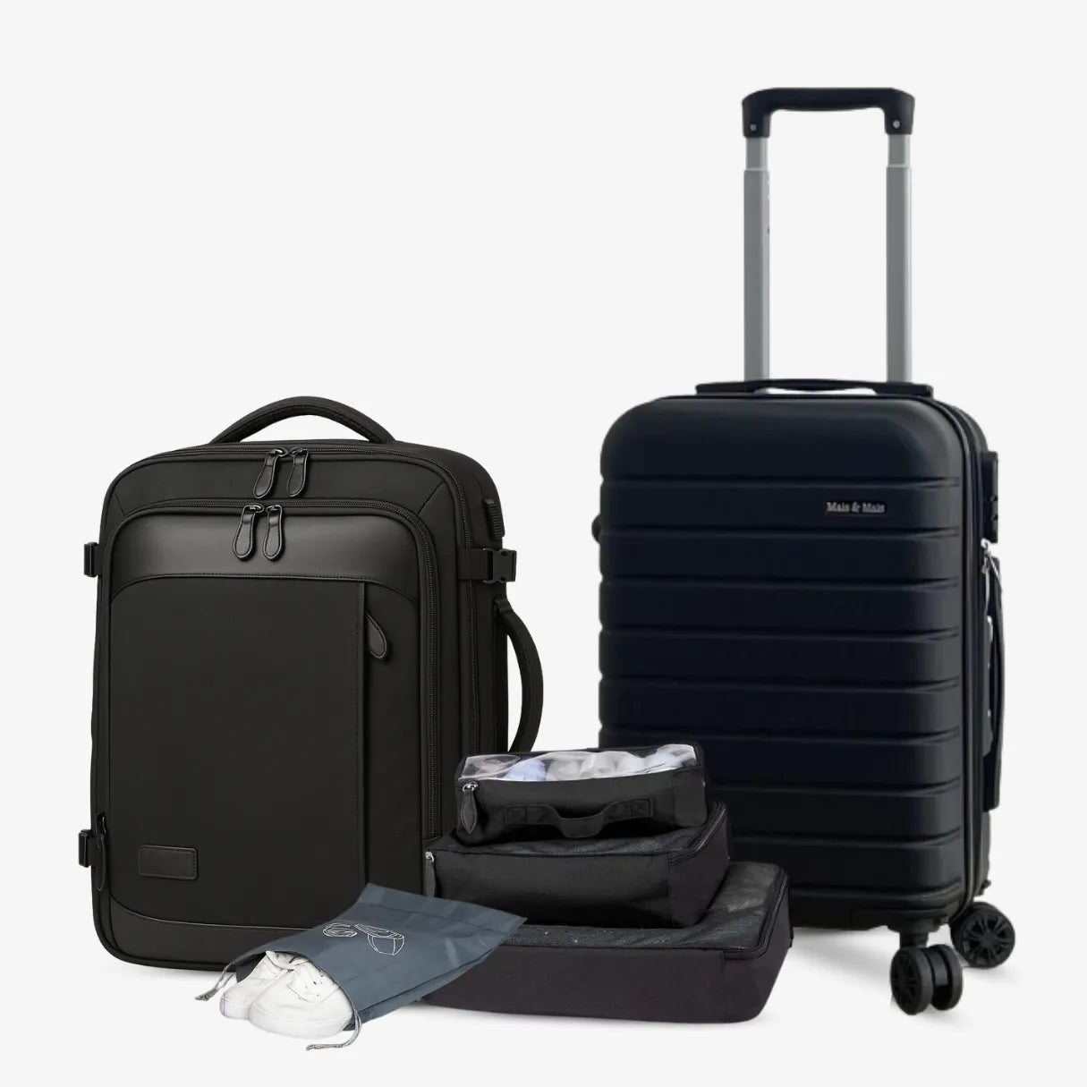 Kit Mala de Viagem — Mochila NovaTech™ + Mala de Bordo 10kg + 4 Necessaires GRÁTIS