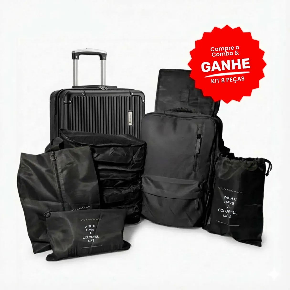 Kit Mala de Bordo 10kg + Mochila Expansível + 8 Organizadores (Padrão ANAC)