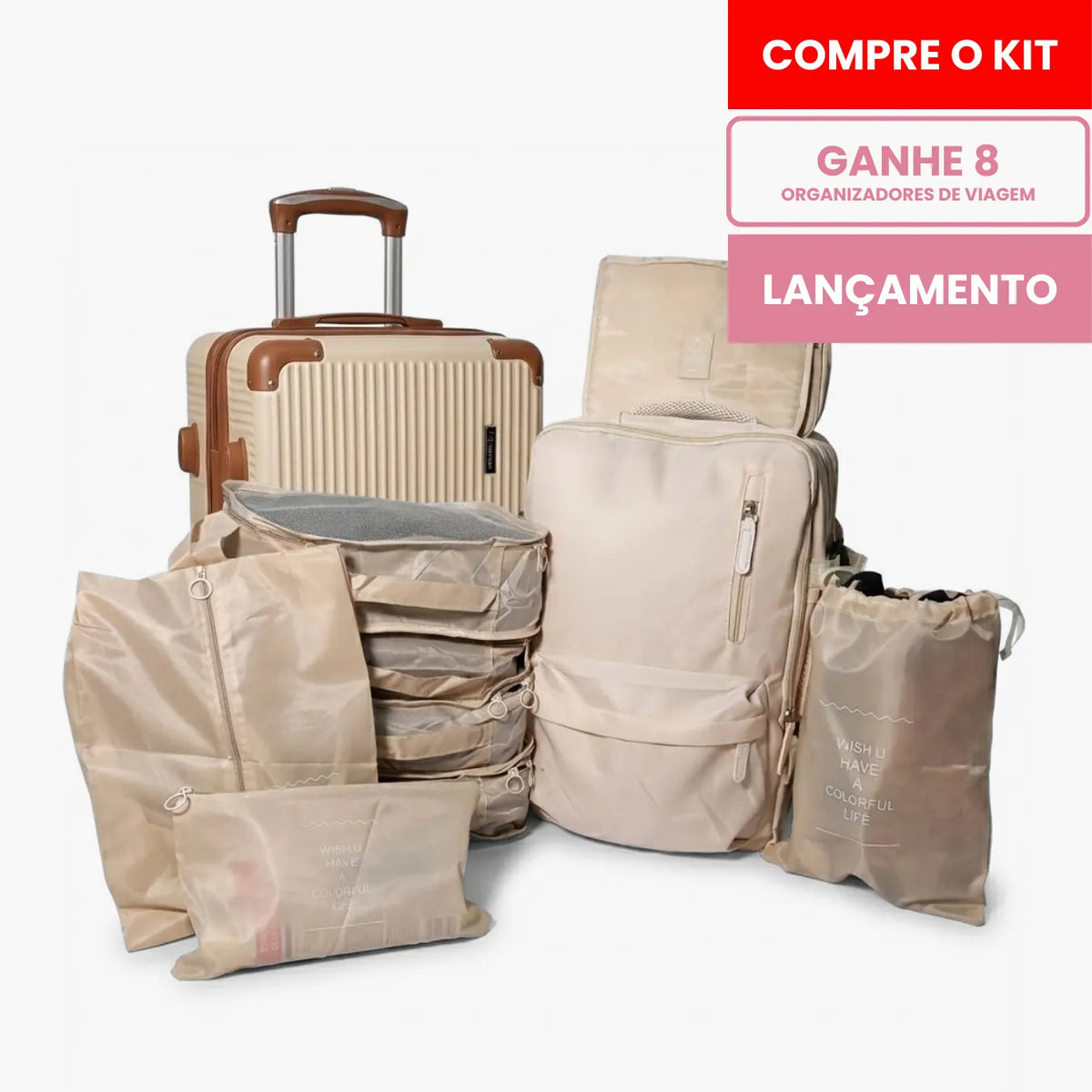 Kit Mala de Bordo 10kg + Mochila Expansível + 8 Organizadores (Padrão ANAC)