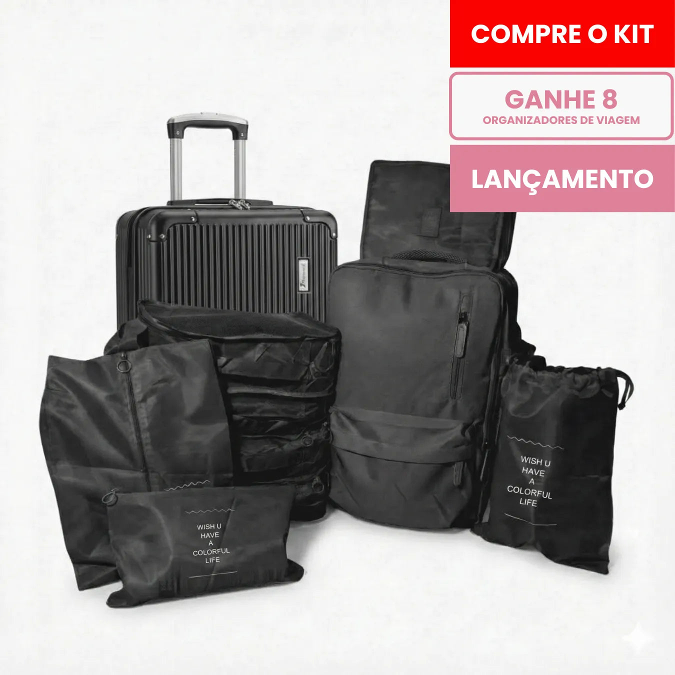 Kit Mala de Bordo 10kg + Mochila Expansível + 8 Organizadores (Padrão ANAC)