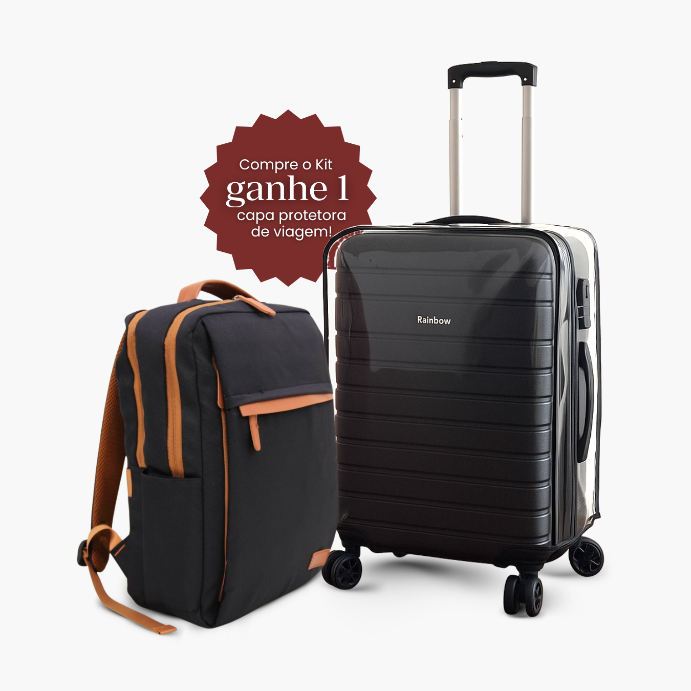 Kit Bordo Preto – Mala de Bordo Rígida (8kg a 15kg) + Mochila Siena™ + Capa Protetora Exclusiva