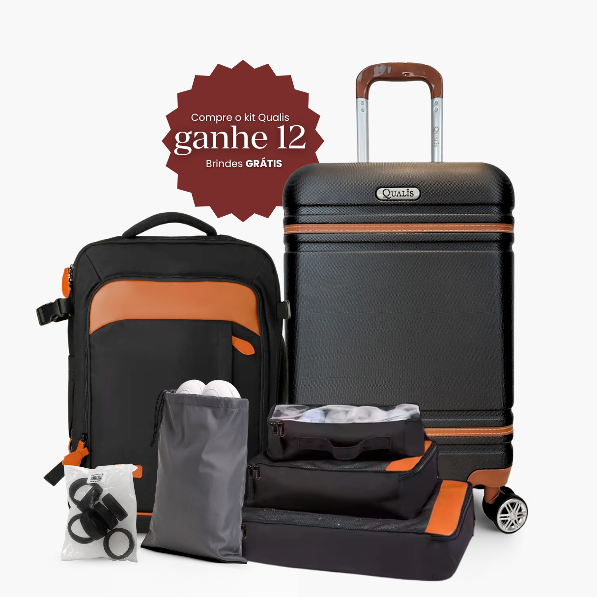 Kit Preto Viagem Premium NovaTech™ + Qualis™ – Mochila 32-40 L + Mala 55x35x25 cm