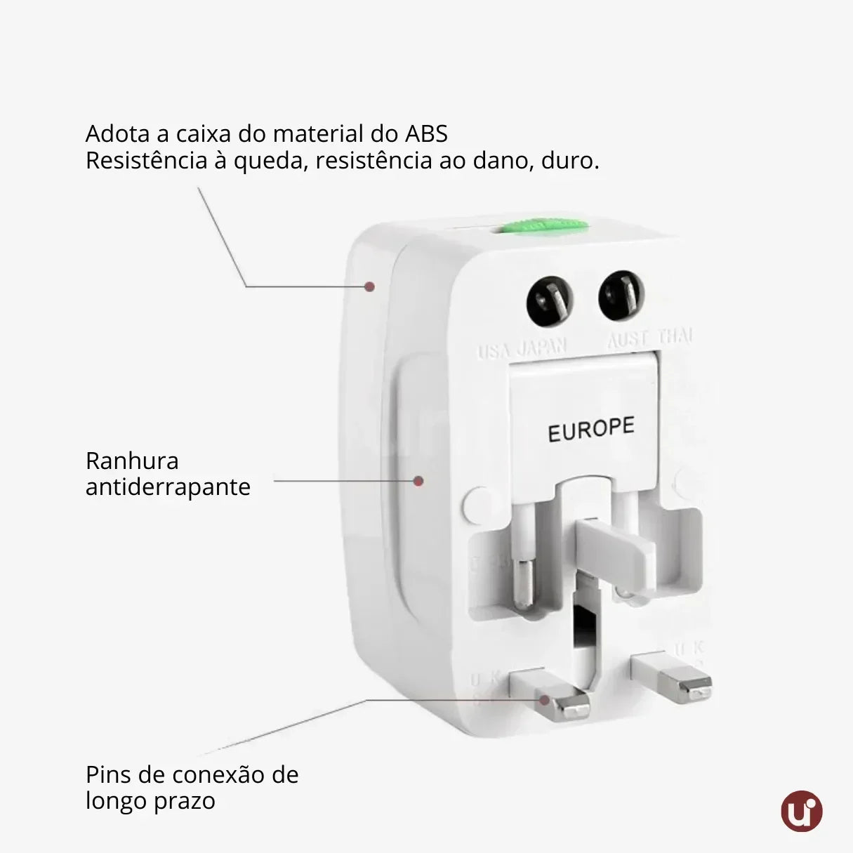 Adaptador de tomada internacional universal compacto, ideal para conectar e carregar eletrônicos com praticidade em viagens ao exterior.