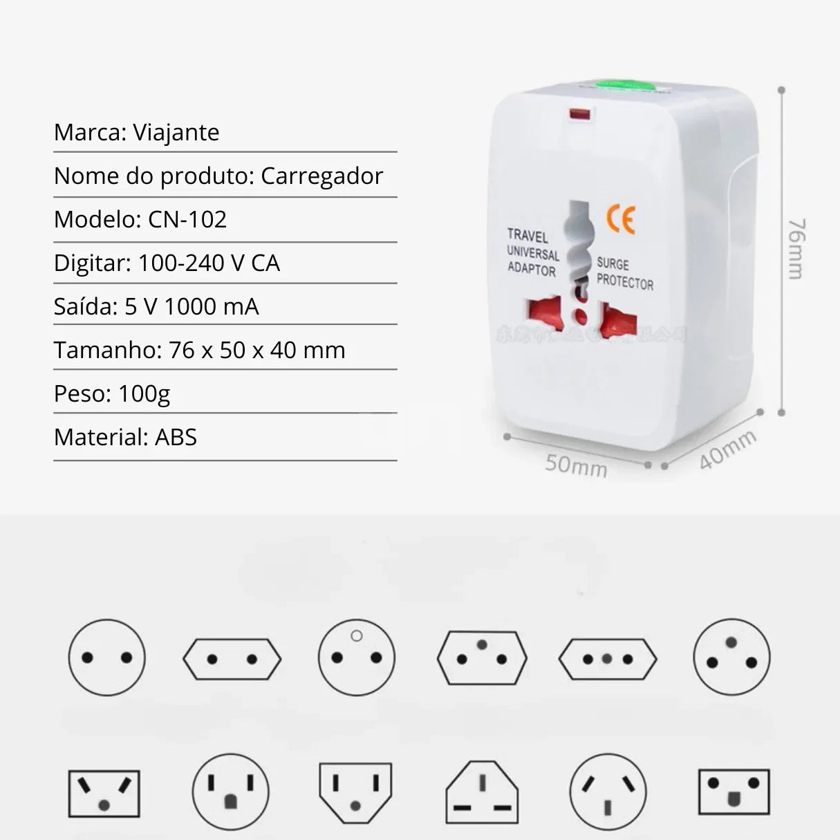 Adaptador de tomada internacional universal compacto, ideal para conectar e carregar eletrônicos com praticidade em viagens ao exterior.
