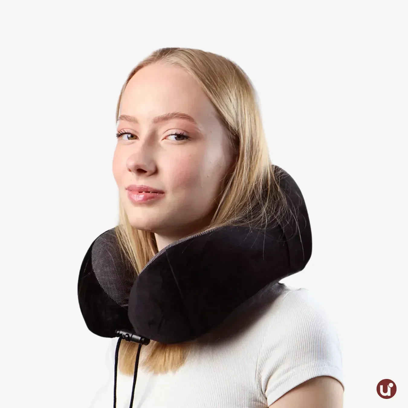 Almofada de viagem ergonômica para pescoço em formato de U, com capa aveludada premium, ideal para dormir com conforto em voos longos ou ônibus.