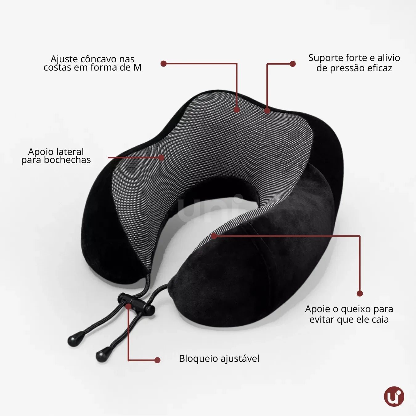 Almofada de viagem ergonômica para pescoço em formato de U, com capa aveludada premium, ideal para dormir com conforto em voos longos ou ônibus.