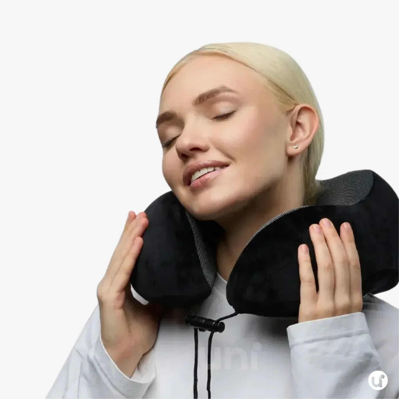 Almofada de viagem ergonômica para pescoço em formato de U, com capa aveludada premium, ideal para dormir com conforto em voos longos ou ônibus.