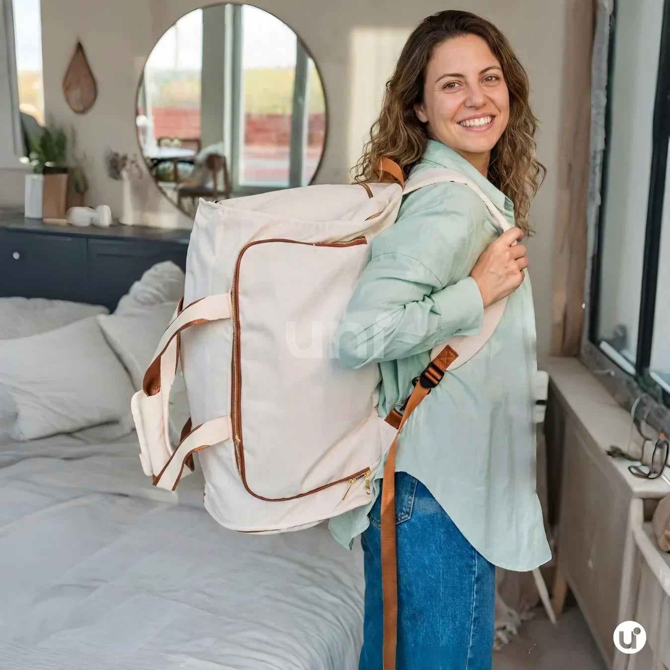 Bolsa de viagem Parisian fixada na alça de uma mala de rodinhas através do seu sistema traseiro, ideal para se locomover com as mãos livres no aeroporto.