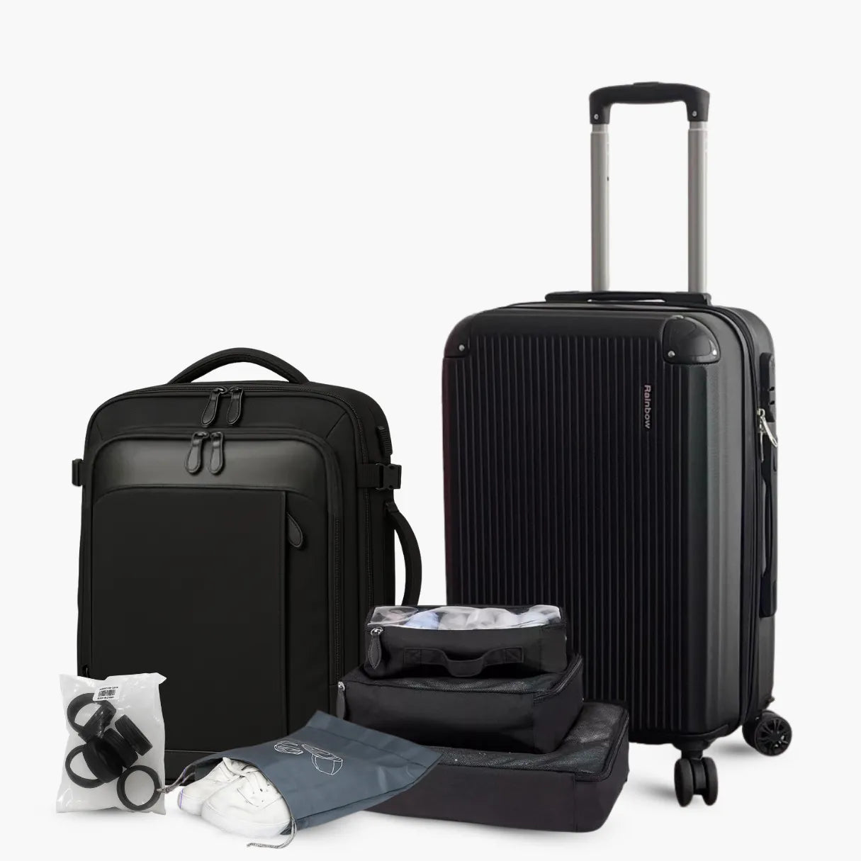 Kit de viagem completo NovaTech contendo mala de rodinhas, mochila 4 em 1 expansível, quatro organizadores internos e oito protetores de silicone para as rodas.