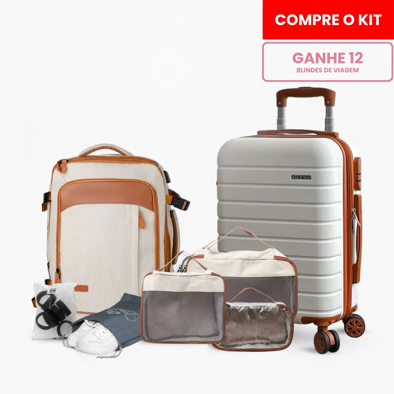 Kit de viagem completo NovaTech contendo mala de rodinhas, mochila 4 em 1 expansível, quatro organizadores internos e oito protetores de silicone para as rodas.