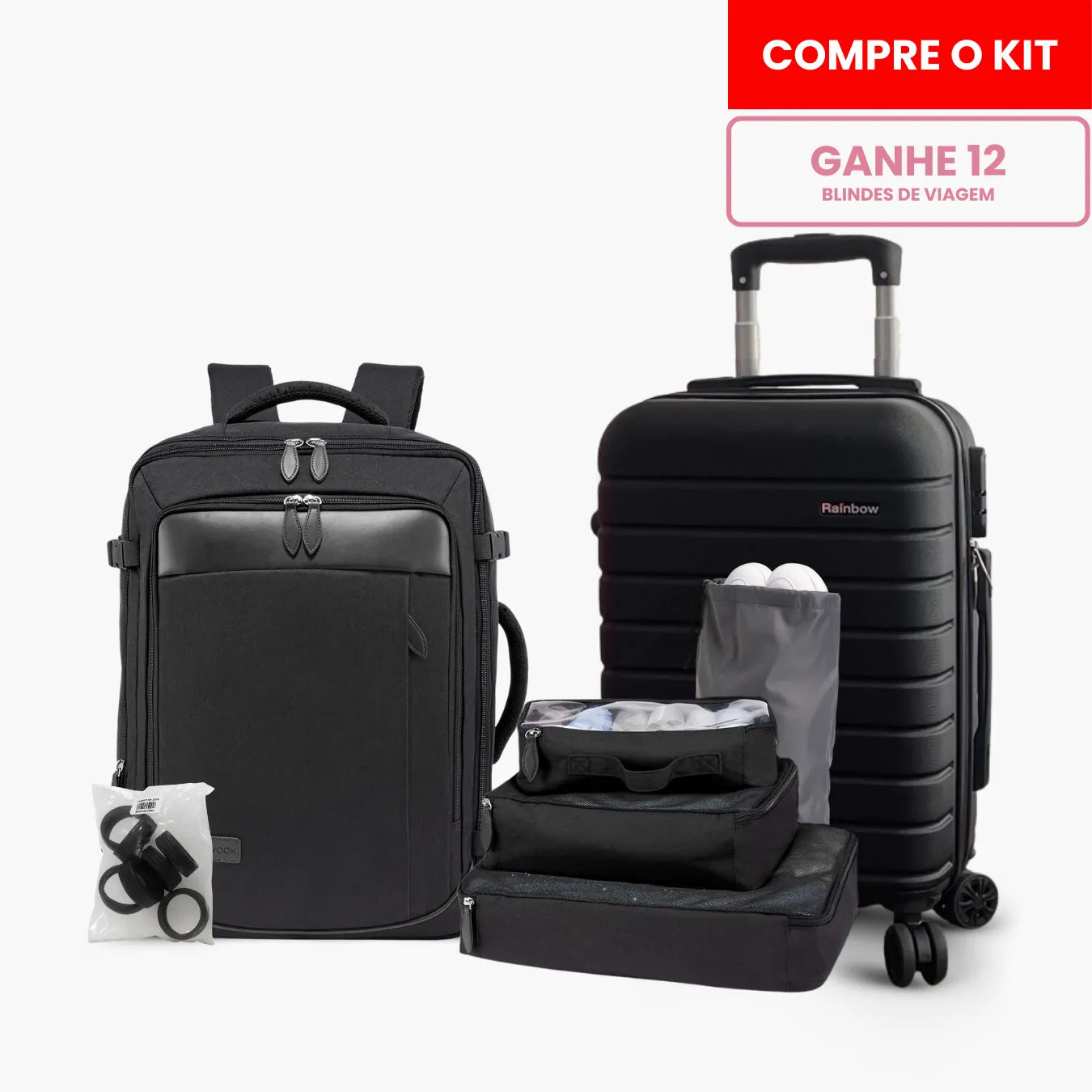 Kit de viagem completo NovaTech contendo mala de rodinhas, mochila 4 em 1 expansível, quatro organizadores internos e oito protetores de silicone para as rodas.