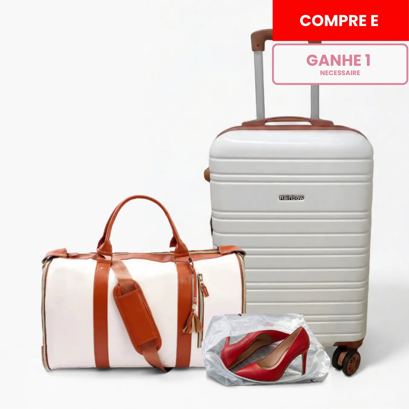 Kit de viagem feminino e masculino contendo a mala rígida de bordo Novatech com rodinhas e a bolsa JetSetFemme em couro PU acoplada na alça, demonstrando elegância e praticidade para o aeroporto.