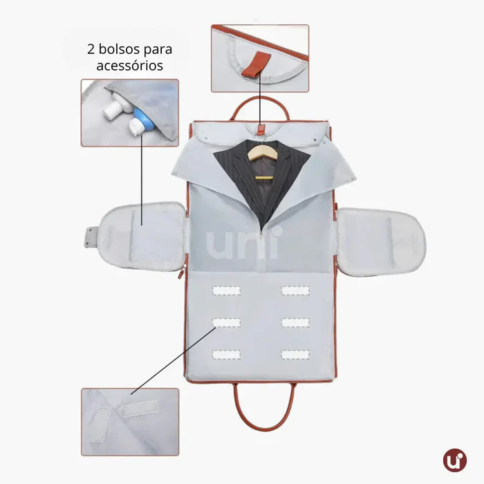 Kit de viagem feminino e masculino contendo a mala rígida de bordo Novatech com rodinhas e a bolsa JetSetFemme em couro PU acoplada na alça, demonstrando elegância e praticidade para o aeroporto.