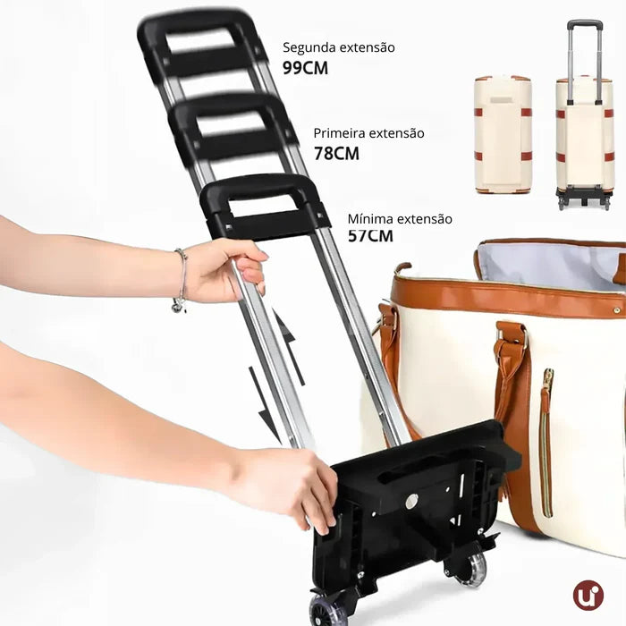 Kit de viagem feminino e masculino contendo a mala rígida de bordo Novatech com rodinhas e a bolsa JetSetFemme em couro PU acoplada na alça, demonstrando elegância e praticidade para o aeroporto.