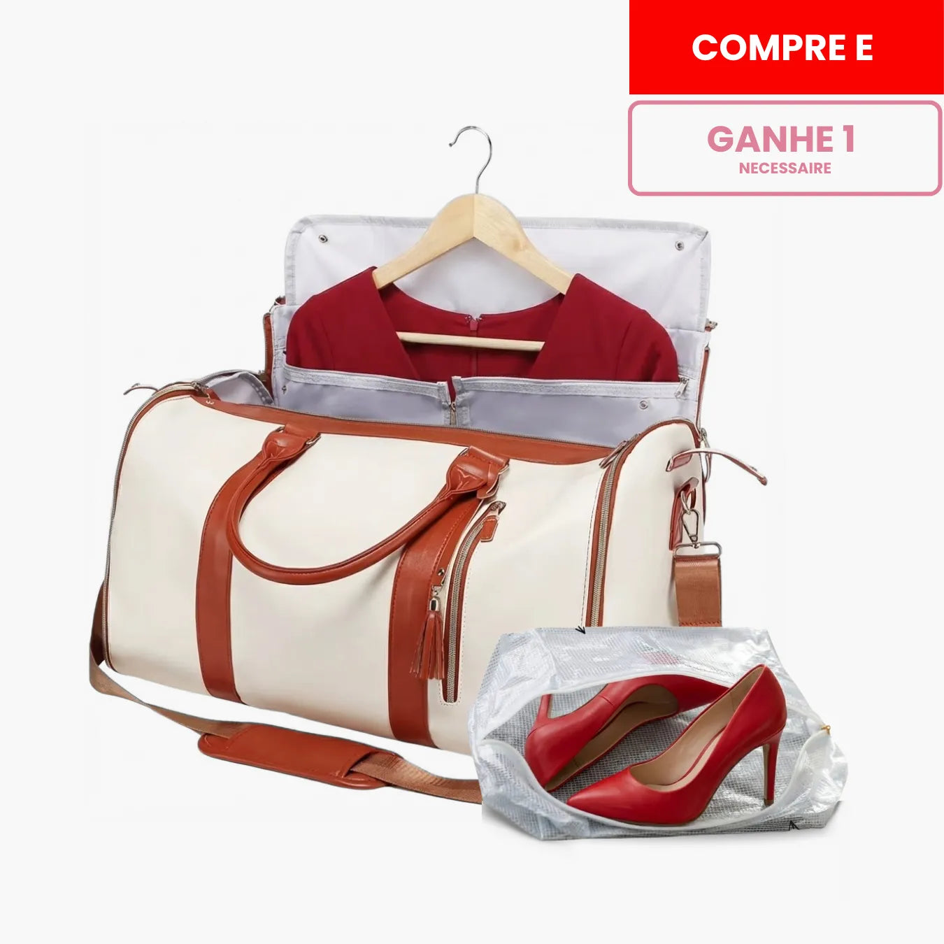Kit de viagem feminino e masculino contendo a mala rígida de bordo Novatech com rodinhas e a bolsa JetSetFemme em couro PU acoplada na alça, demonstrando elegância e praticidade para o aeroporto.