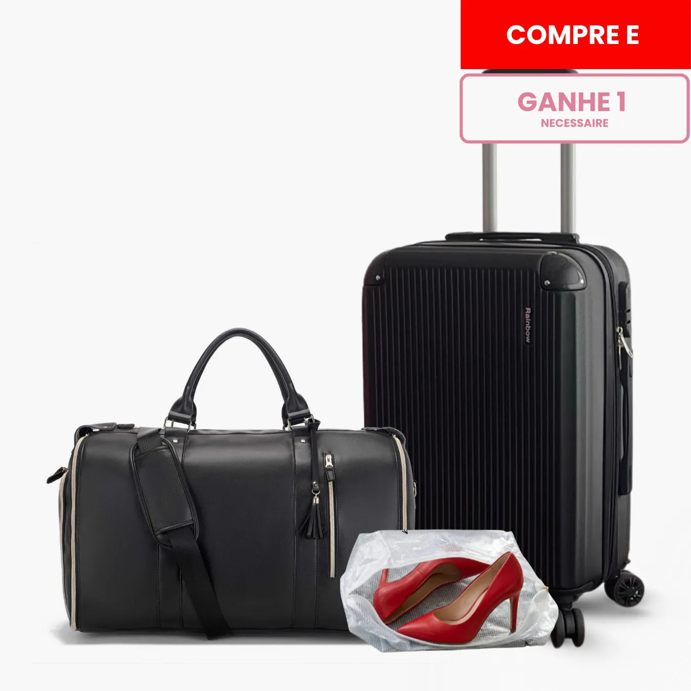 Kit de viagem feminino e masculino contendo a mala rígida de bordo Novatech com rodinhas e a bolsa JetSetFemme em couro PU acoplada na alça, demonstrando elegância e praticidade para o aeroporto.
