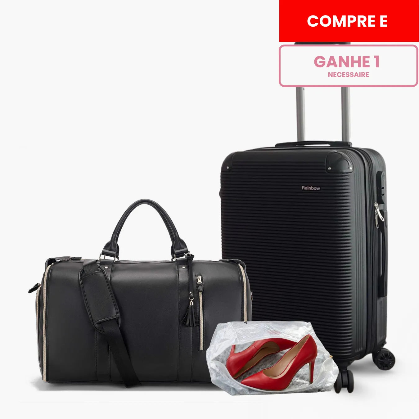 Kit de viagem feminino e masculino contendo a mala rígida de bordo Novatech com rodinhas e a bolsa JetSetFemme em couro PU acoplada na alça, demonstrando elegância e praticidade para o aeroporto.