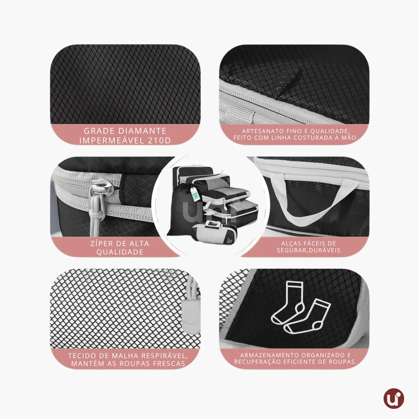 Kit organizador de mala de viagem UniEscolhas com 6 peças em nylon premium, ideal para manter a bagagem feminina perfeitamente arrumada e compacta.