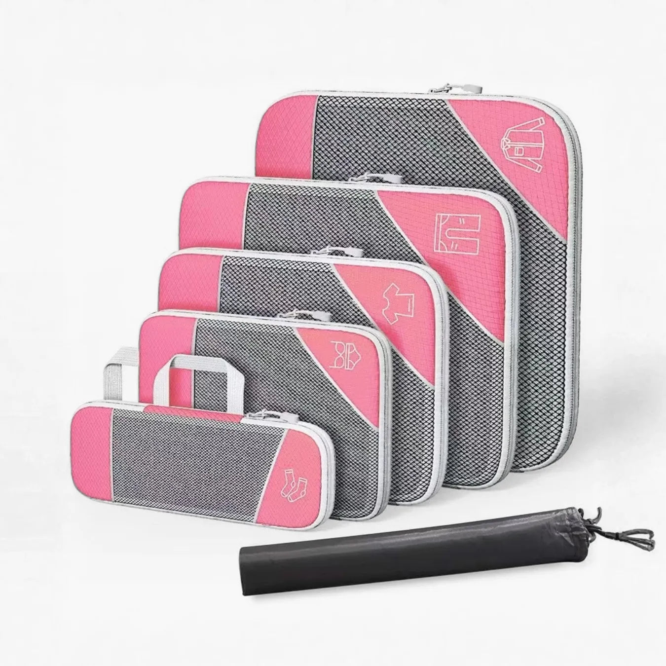 Kit organizador de mala de viagem UniEscolhas com 6 peças em nylon premium, ideal para manter a bagagem feminina perfeitamente arrumada e compacta.