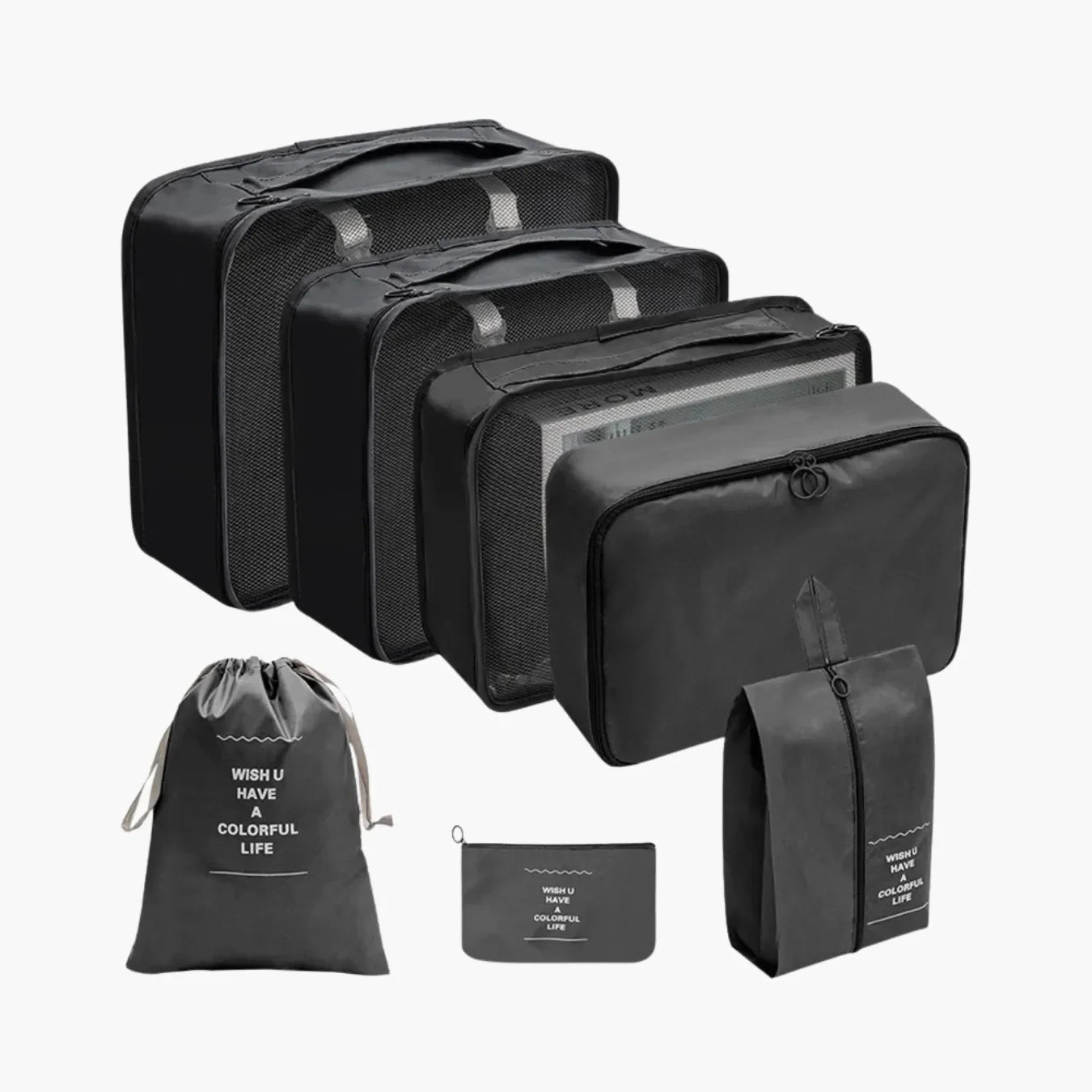 Kit organizador de mala VibePack contendo bolsas de diferentes tamanhos para roupas, sapatos e cosméticos, ideal para manter a bagagem feminina perfeitamente arrumada.