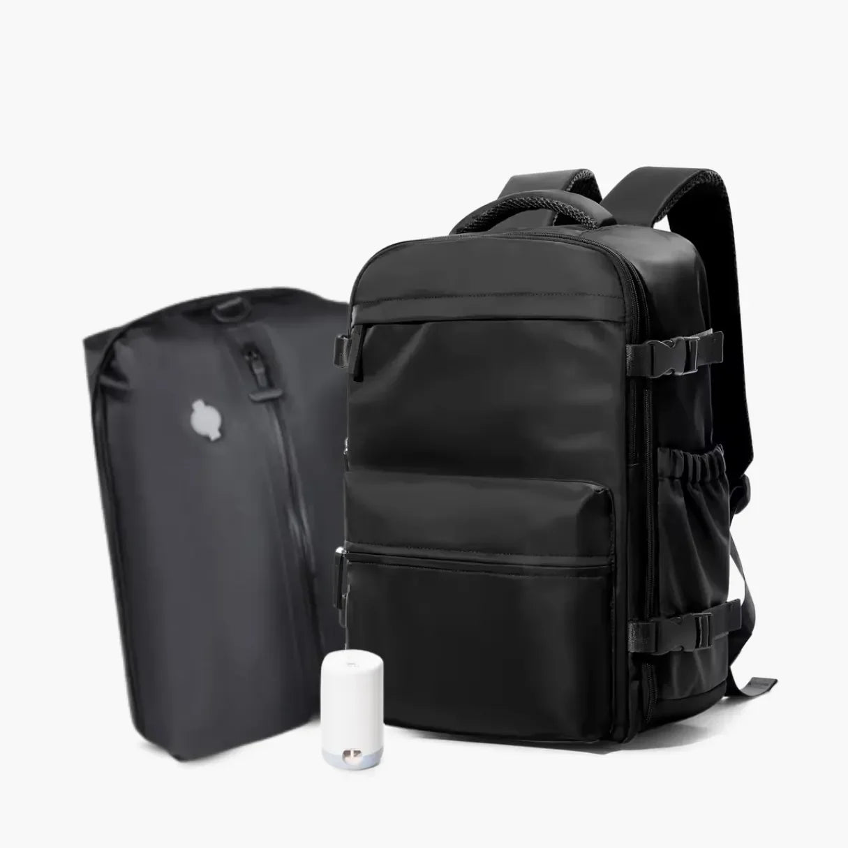 Mochila de viagem feminina e masculina a vácuo Nova BellaJourney em nylon premium, com design moderno e tamanho exato para não pagar taxa de bagagem de mão.