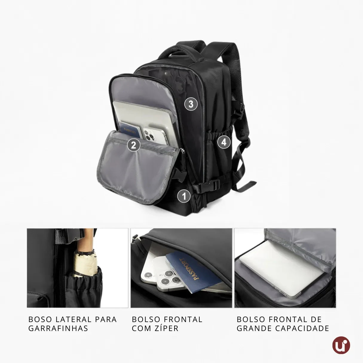 Mochila de viagem feminina e masculina a vácuo Nova BellaJourney em nylon premium, com design moderno e tamanho exato para não pagar taxa de bagagem de mão.