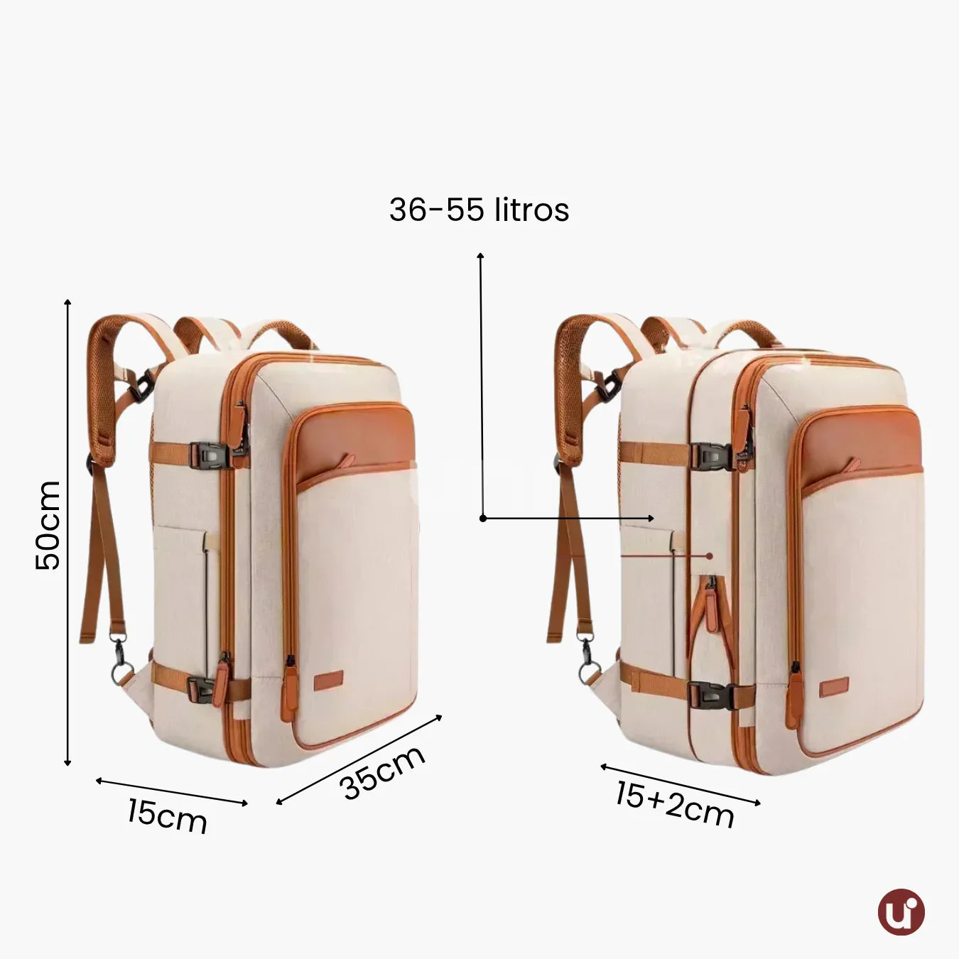 Mochila de viagem NovaTech expansível até 40 litros, com design vintage contemporâneo, ideal para levar na cabine do avião como item pessoal sem pagar taxas.
