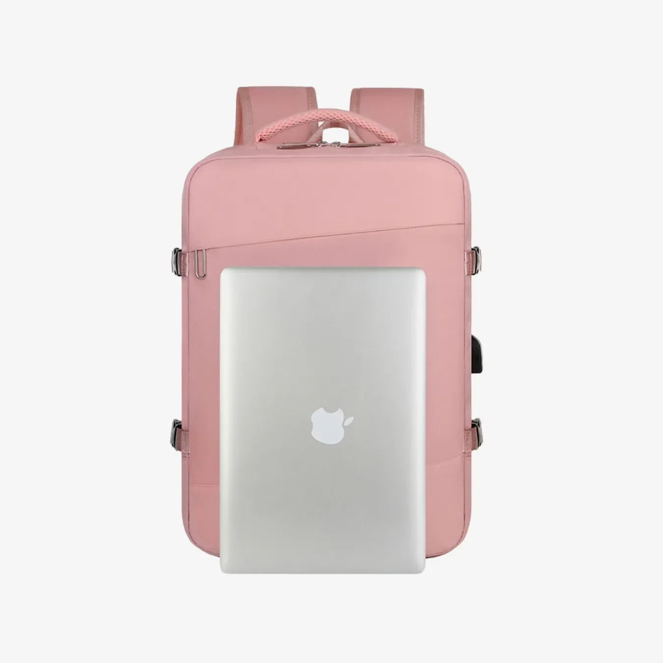 Mochila de viagem feminina TravelMax de 40 litros em nylon impermeável, com design moderno e tamanho ideal para ser usada como bagagem de mão no avião.