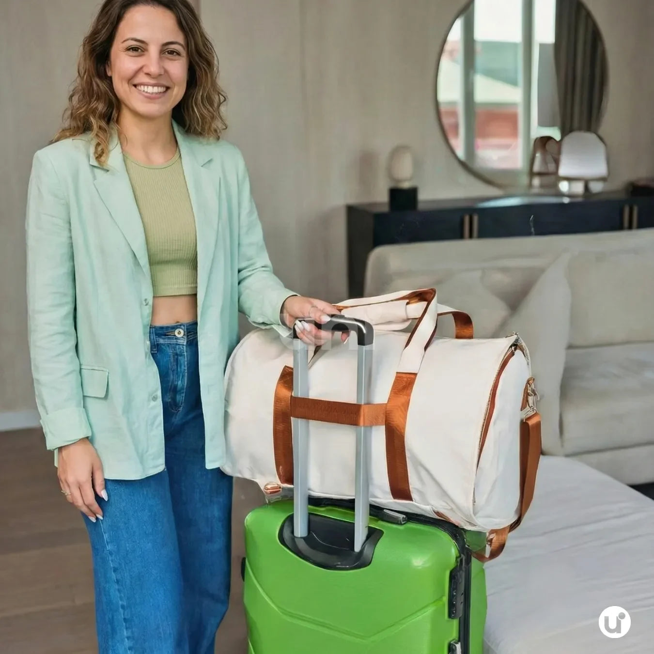 Mulher utilizando a bolsa Parisian convertida em mochila de viagem, demonstrando a versatilidade do design 4 em 1 com alças ergonômicas