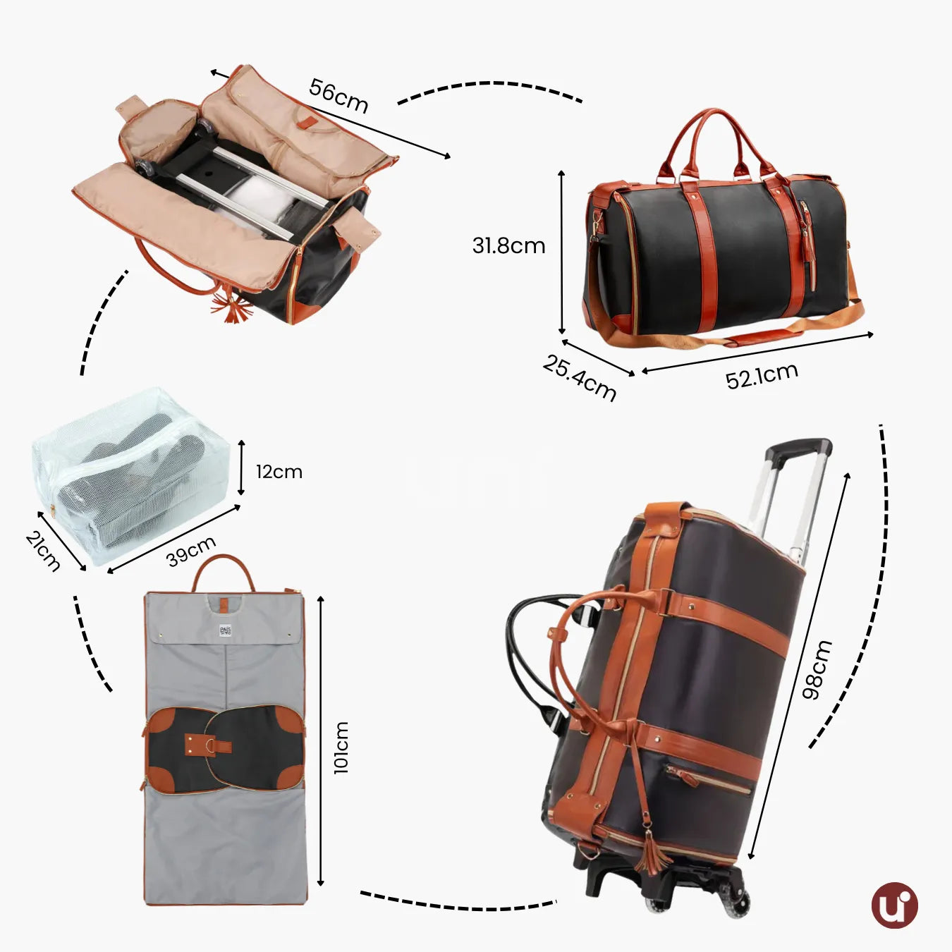 Mala de Mão Preta Caramelo Espaçosa Dobrável 60L Roller JetSetFemme™