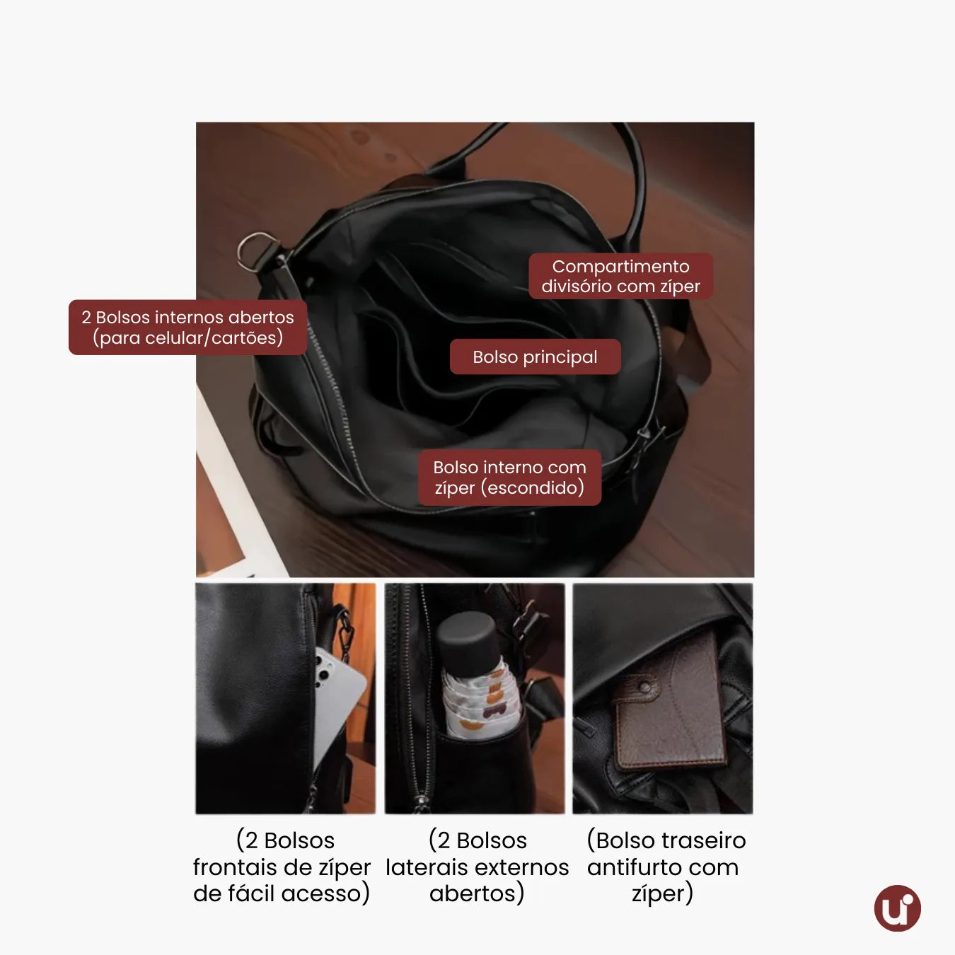 Mochila Feminina Antifurto Shiny Diary 2026 Couro Premium Impermeável 3 em 1