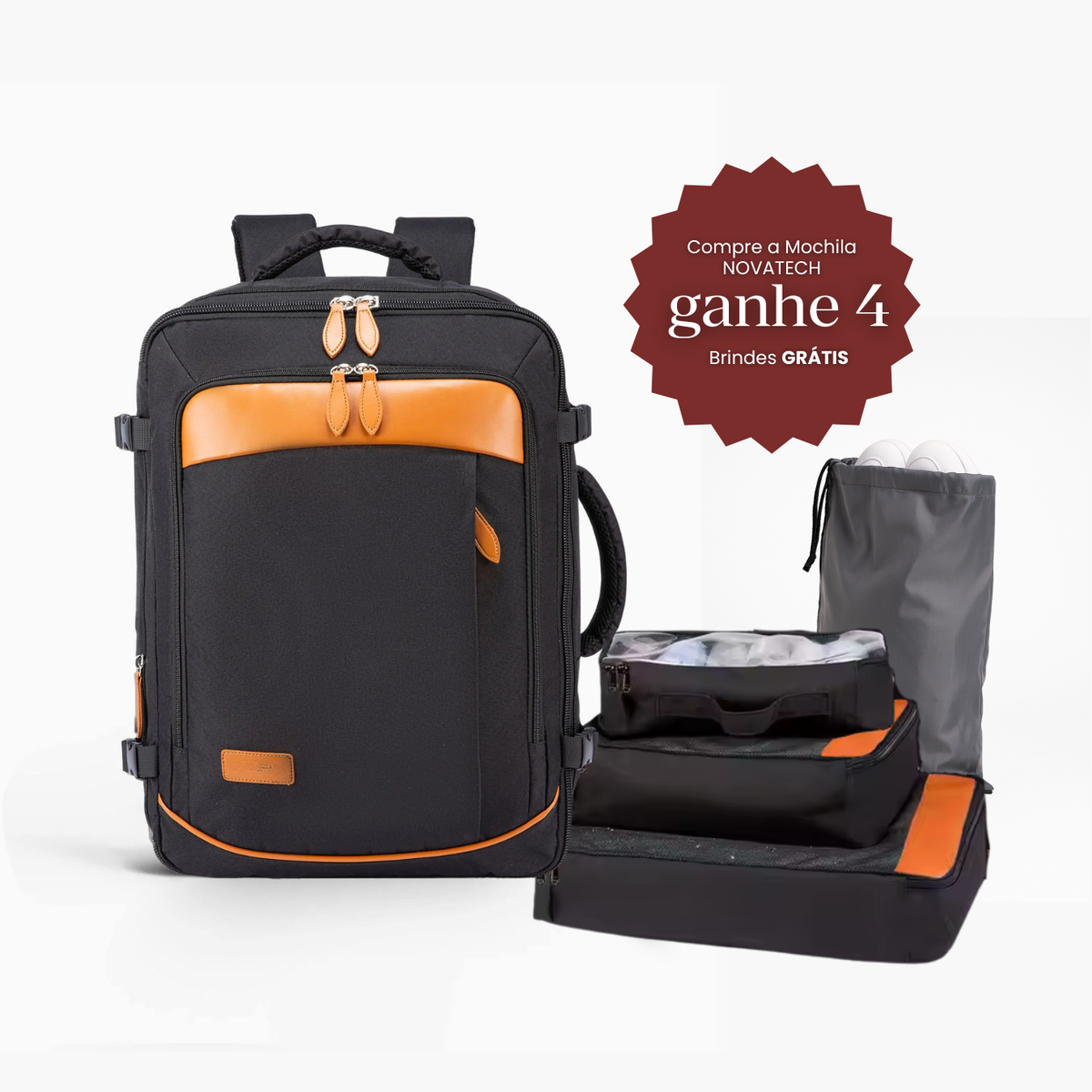 Mochila Preta Castanha 40L 4 em 1 + 3 Necessaires GRÁTIS! NovaTech™