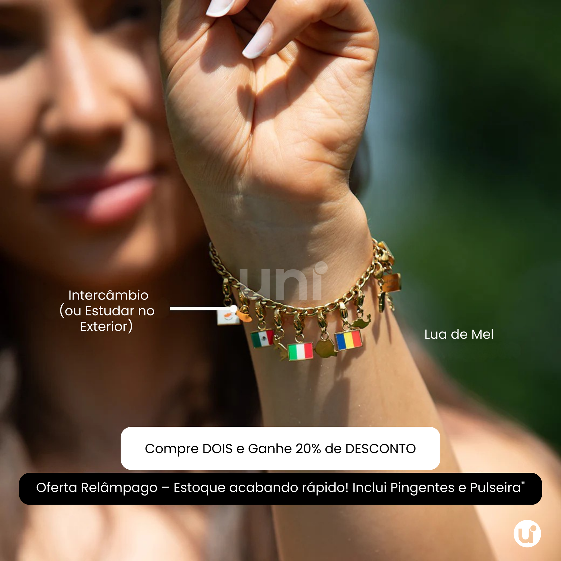 Pulseira de Berloques Viagem Bandeiras e Mapas