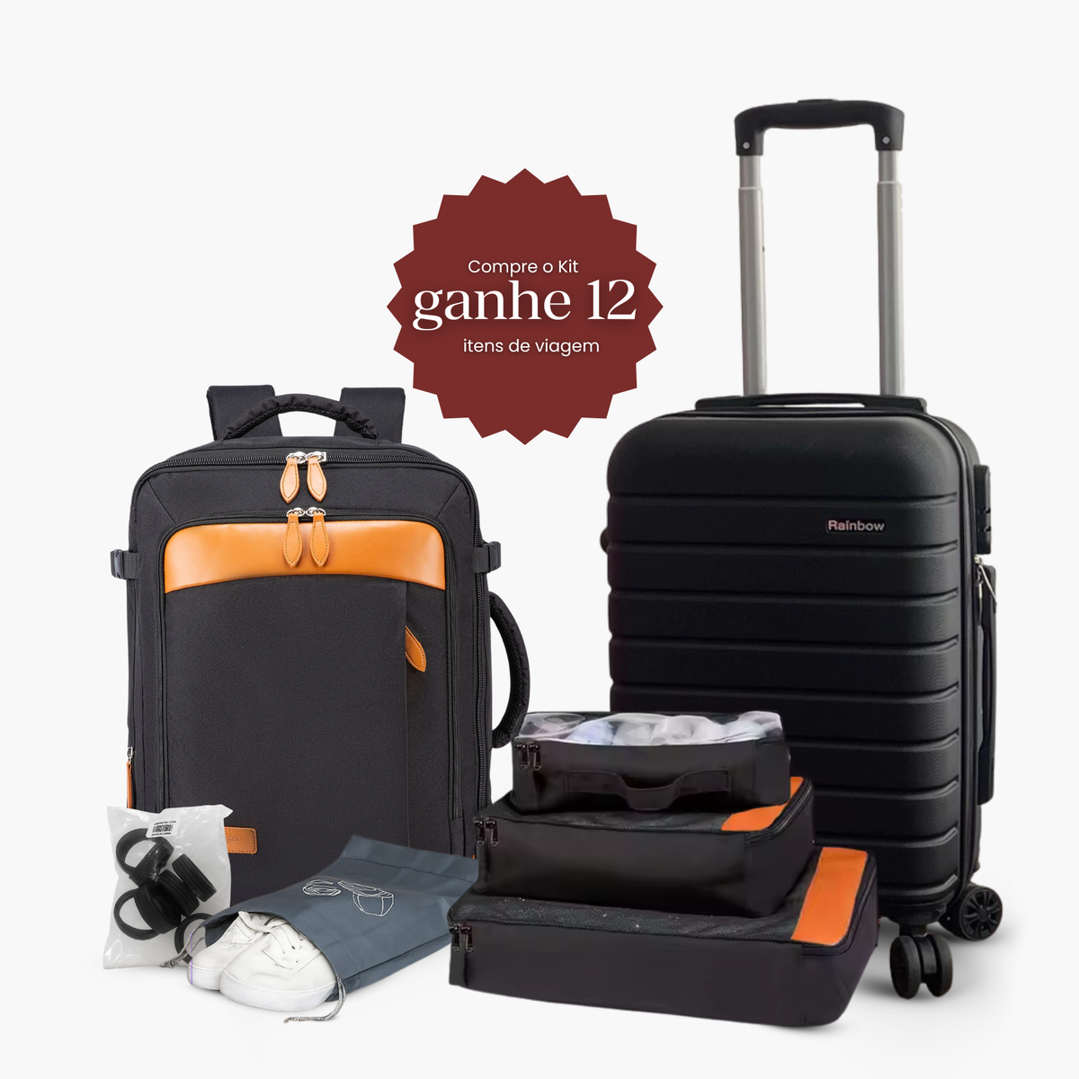 Kit Viagem Preta Caramelo Completa NovaTech™ (Mala 8 a 15 kg + Mochila + 4 Organizadores + Protetores)